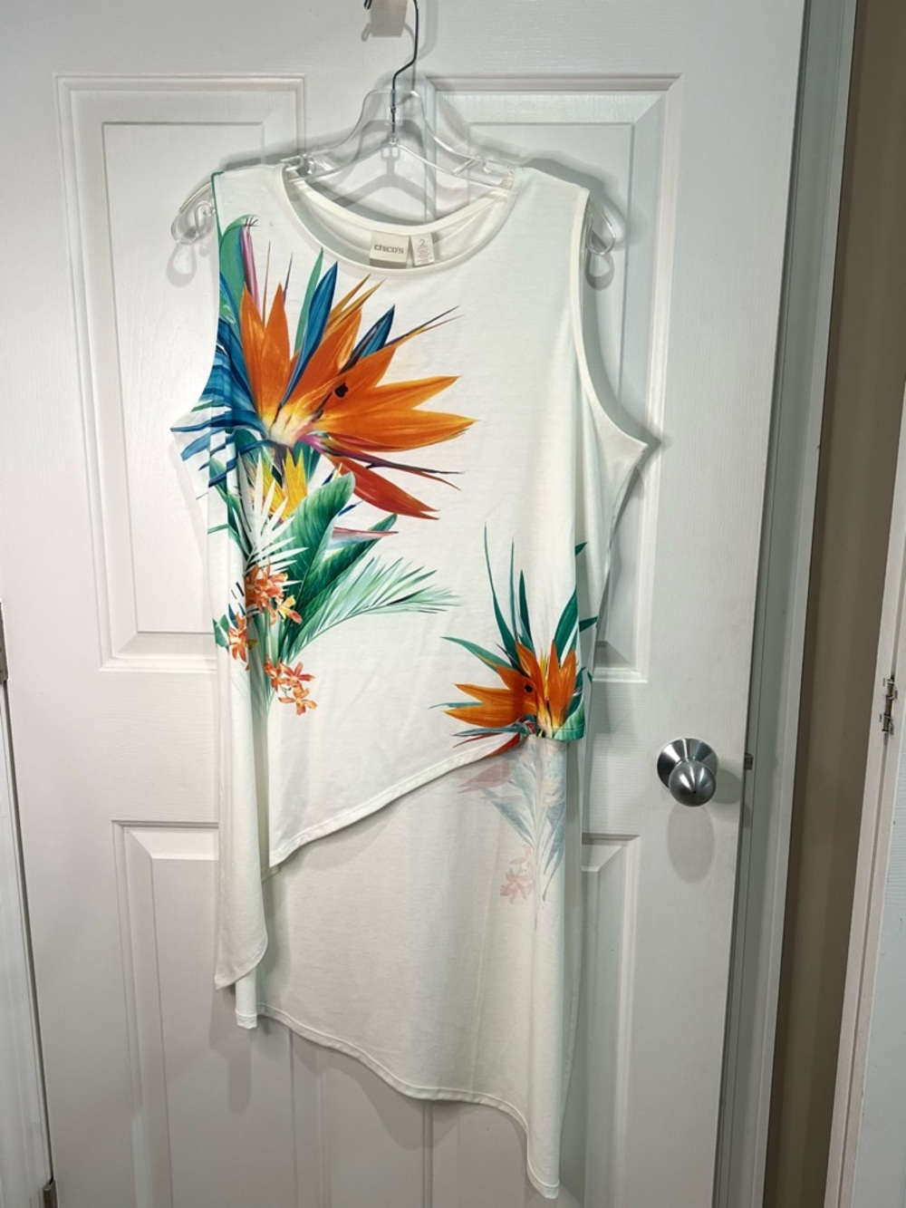 Chico’s NWT white tunic tank asymmetrical top with bird of paradise design 2P